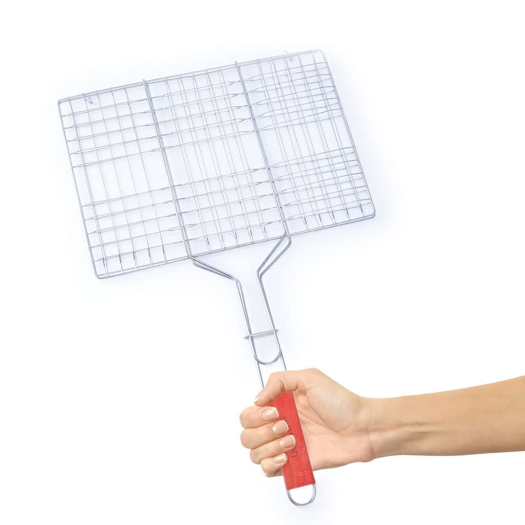 Freshome Mild Steel Portable Barbecue BBQ Grill Net Basket Roast Grilling Tray Plated with Wooden Handle (46.5 x 24 x 2 cm)