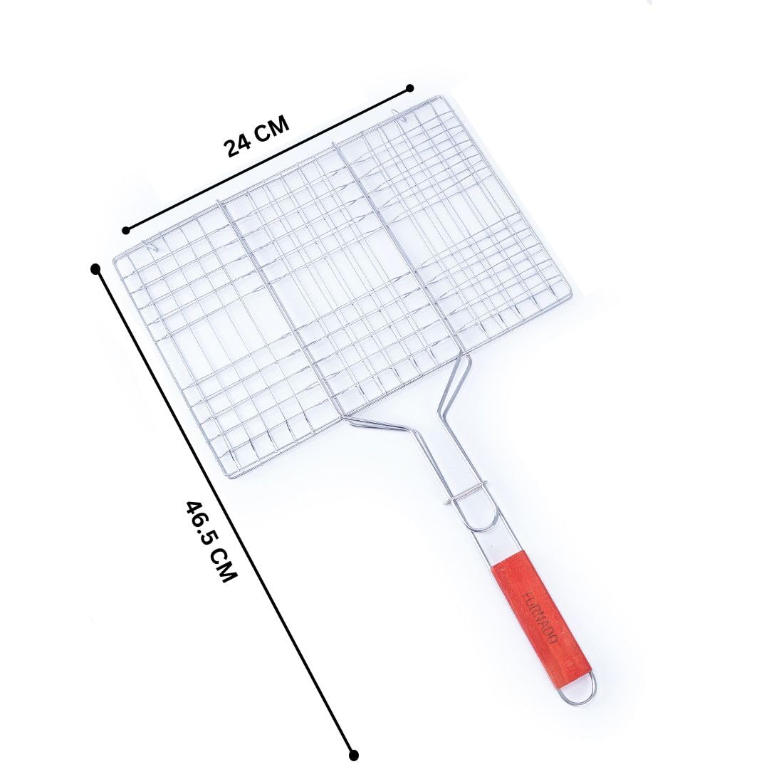 Freshome Mild Steel Portable Barbecue BBQ Grill Net Basket Roast Grilling Tray Plated with Wooden Handle (46.5 x 24 x 2 cm)