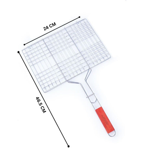 Freshome Mild Steel Portable Barbecue BBQ Grill Net Basket Roast Grilling Tray Plated with Wooden Handle (46.5 x 24 x 2 cm)