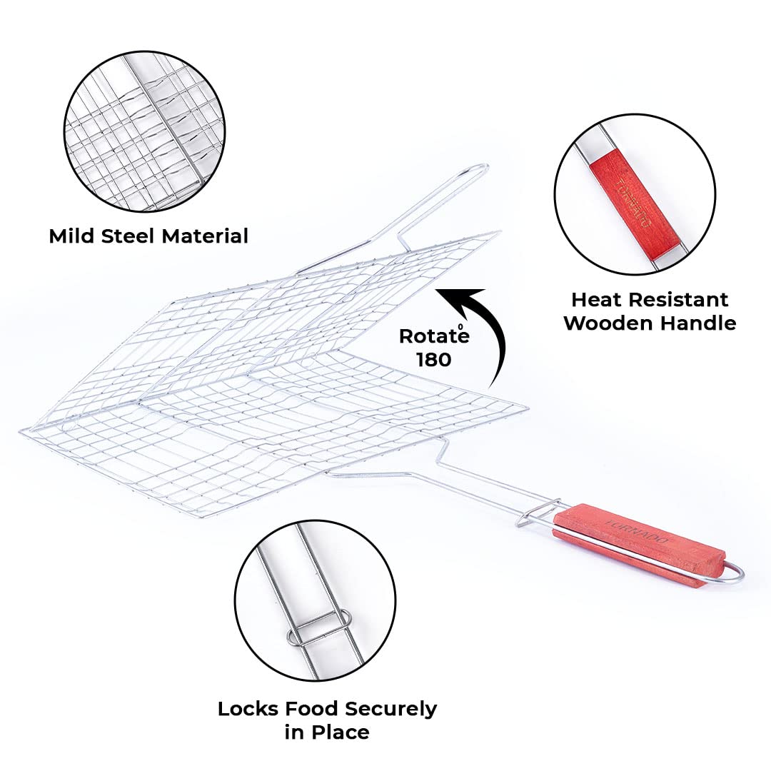 Freshome Mild Steel Portable Barbecue BBQ Grill Net Basket Roast Grilling Tray Plated with Wooden Handle (46.5 x 24 x 2 cm)