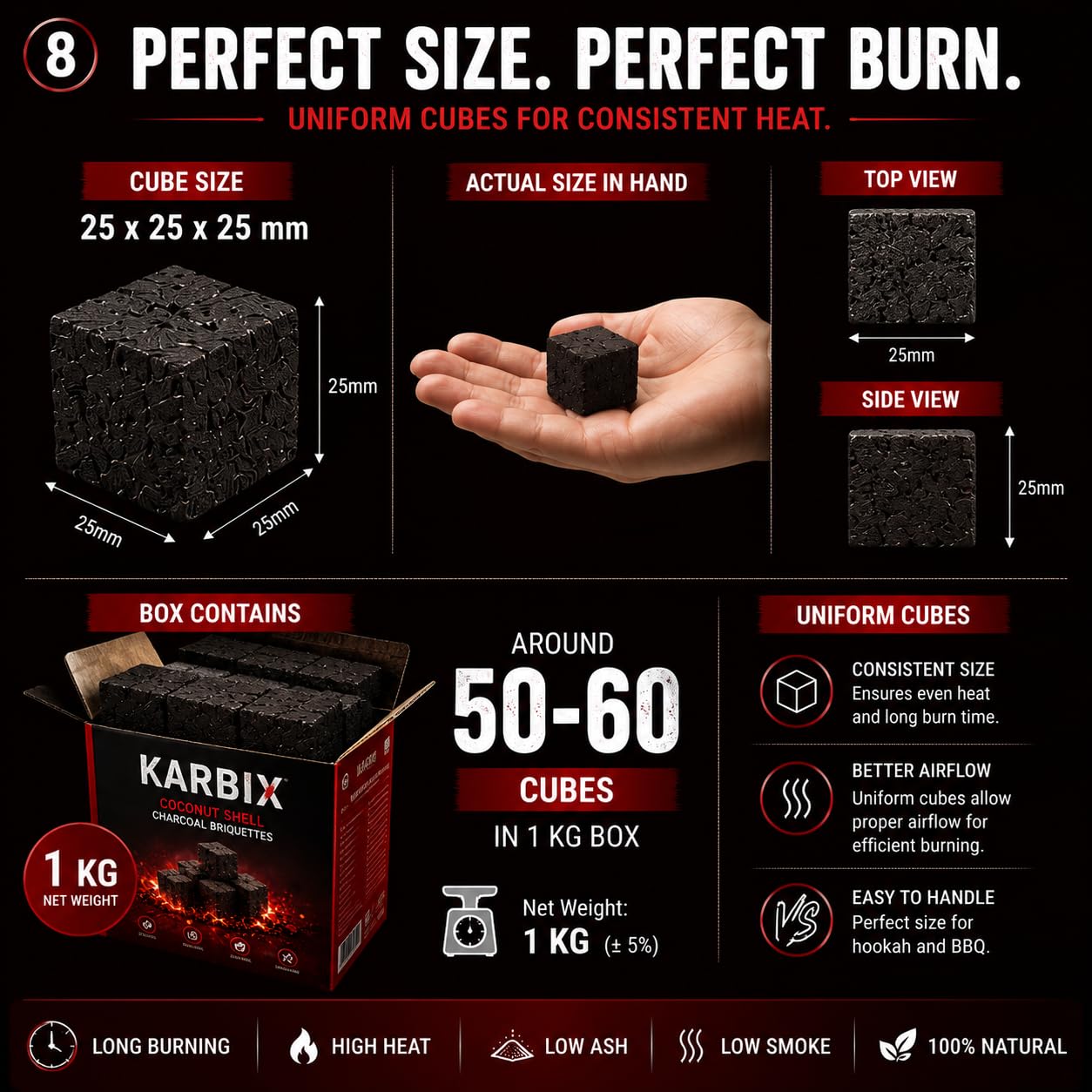 Karbix Coconut Shell Charcoal Briquette Cubes, 1 Kg, Hookah & Sheesha