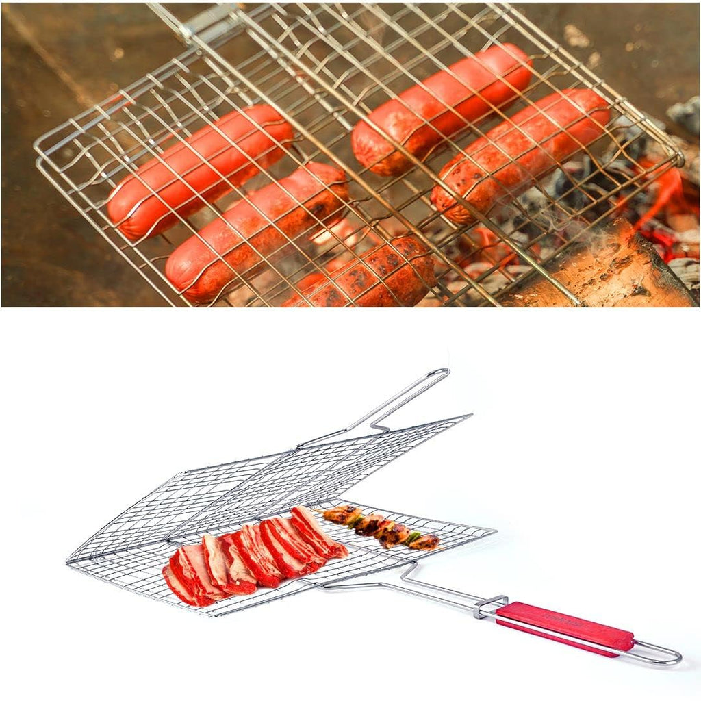 Freshome Mild Steel Portable Barbecue BBQ Grill Net Basket Roast Grilling Tray Plated with Wooden Handle (46.5 x 24 x 2 cm)