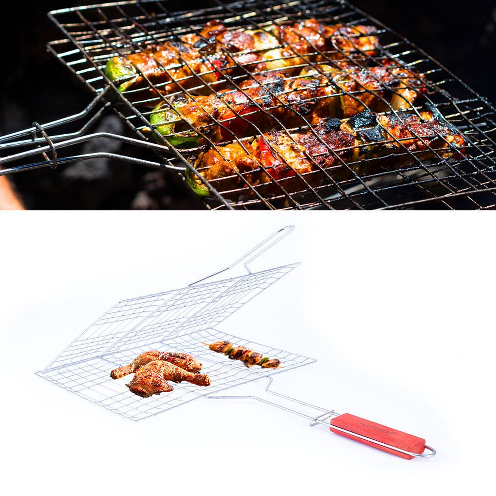 Freshome Mild Steel Portable Barbecue BBQ Grill Net Basket Roast Grilling Tray Plated with Wooden Handle (46.5 x 24 x 2 cm)