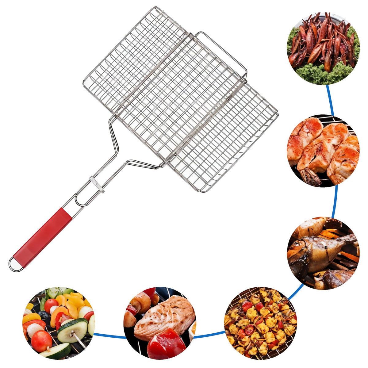 Freshome Mild Steel Portable Barbecue BBQ Grill Net Basket Roast Grilling Tray Plated with Wooden Handle (46.5 x 24 x 2 cm)